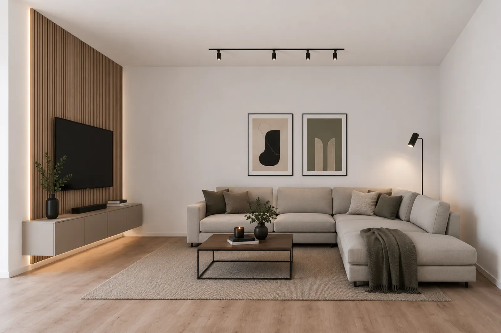 Modern eingerichteter Wohnbereich mit Sofa und Holzwand – Virtual Home Staging