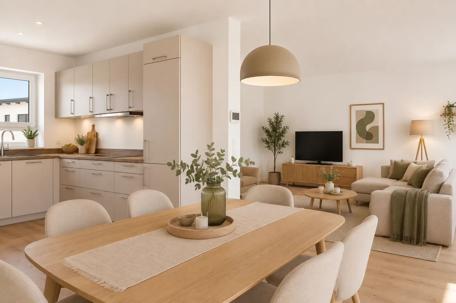 Offener Wohn- und Essbereich digital möbliert – Home Staging
