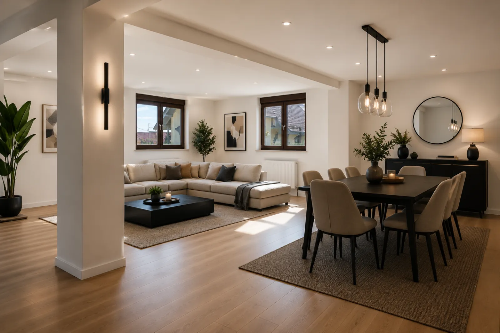 Home Staging eines offenen Wohnbereichs mit Küche
